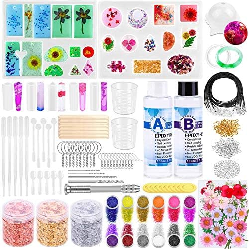 219Pcs Resin Kit for Beginners, Thrilez Resin Mold Kit with Resin Molds Silicone and Epoxy Resin Supplies Include Dried Flowers, Foil Flakes, Necklace Cord, Earring Hooks for DIY Jewelry Making by Thrilez