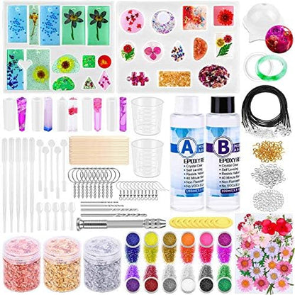 219Pcs Resin Kit for Beginners, Thrilez Resin Mold Kit with Resin Molds Silicone and Epoxy Resin Supplies Include Dried Flowers, Foil Flakes, Necklace Cord, Earring Hooks for DIY Jewelry Making by Thrilez