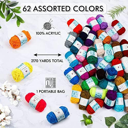 INSCRAFT 62 Acrylic Yarn Skeins, 2170 Yards Yarn for Knitting and Crochet, Includes 2 Crochet Hooks,2 Weaving Needles,10 Stitch Markers, Perfect Beginner Kit for for Adults Kids - Image 4
