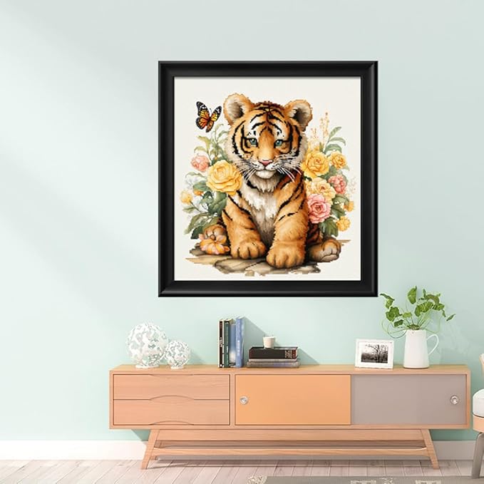Leczany Cross Stitch Stamped Kit for Adults - Little Tiger and Butterfly | DIY Embroidery Starter Patterns Craft Kit Needlepoint for Beginner | 11CT, 3 Strands | 14.2x15.8 inches
