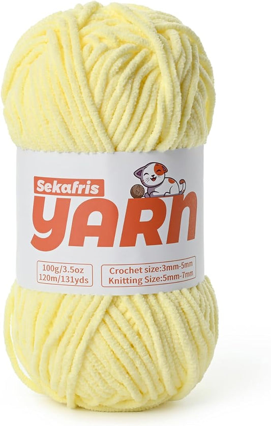 Plush Chunky Chenille Yarn for Crocheting, Soft Fluffy Velvet Yarn for Crocheting, Fuzzy Baby Blanket Knitting Yarns, 100g/131yds Bulky Amigurumi Yarns（Lemon Yellow）