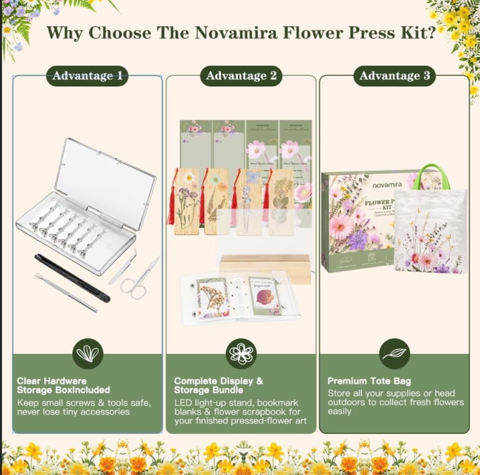 Novamira Wooden Flower Press Kit, Complete Pressed Flower Craft Supplies - Image 6
