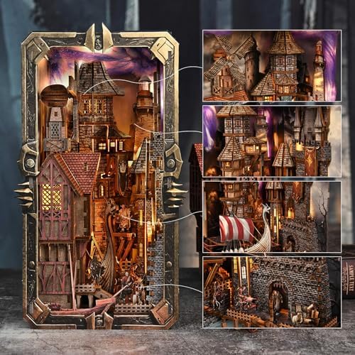 fifijoy Viking Book Nook Kit - DIY Miniature Dollhouse for Adults, Booknook Tiny House 3D Wooden Puzzle Bookend Bookshelf Decor with LED Light, Gift for Family, Friends (Voyage Through the Storm) - Image 3