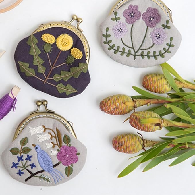 HEALLILY Embroidery Starter Kit with Round Kiss Lock Coin Purse DIY Embroidery Tools with Wool Needle and Washable Pattern for Women Girls Craft