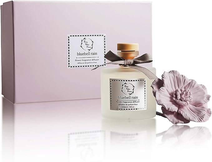 Pretty Valley Home Reed Diffuser Sets, 6.76 Fl. Oz / 200ML Ceramic Diffuser Flower Gift Box, Home Reed Diffuser for Bathroom Office Bathroom Living Room Decor (Bluebell RAIN Pink)