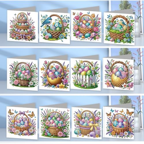 Diamond Painting Greeting Cards 12 Pack Easter Egg Basket DIY Kit with Special Shaped Rhinestones and Envelopes, Handmade Craft for Adults, Spring Holiday Gift Set - Image 2