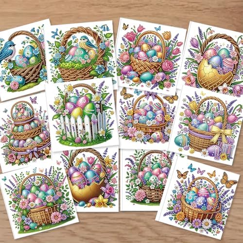 Diamond Painting Greeting Cards 12 Pack Easter Egg Basket DIY Kit with Special Shaped Rhinestones and Envelopes, Handmade Craft for Adults, Spring Holiday Gift Set - Image 3