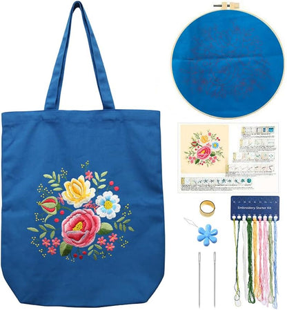 CREAWONDER Canvas Tote Bag Embroidery Kit with Pattern for Beginners, Arts and DIY Embroidery Crafts Kits for Adults, Include Instructions, Thimble, Embroidery Hoops, Color Threads and Tool by Unknown