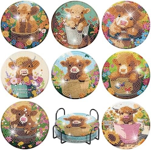 8 Pcs Highland Cow Diamond Art Coasters with Holder, DIY Diamond Painting Coasters Kits for Adults Beginners, Cow Diamond Art Coasters for Drinks, Non-Slip Heat Resistant Coasters Home Decor Gifts by tigdtiu