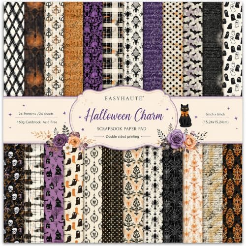 Vintage Halloween Scrapbook Paper Scrap Book Scrapbooking Pattern Classic Spooky Aesthetic Patterned Craft for Cardmaking Junk Journaling DIY Crafts Fall Decorations, 6x6 24 Sheets Acid Free Papers by EASYHAUTE