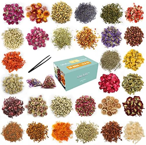 30 Bags Dried Flowers,100% Natural Dried Flowers Herbs Kit for Soap Making, DIY Candle Making,Bath - Include Rose Petals,Lavender,Don't Forget Me,Lilium,Jasmine,Rosebudsand More by SACATR