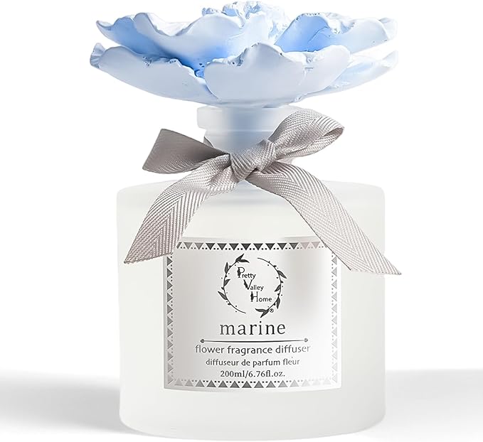 Pretty Valley Home Reed Diffuser Sets, 6.76 Fl. Oz / 200ML Ceramic Diffuser Flower Gift Box, Home Reed Diffuser for Bathroom Office Bathroom Living Room Decor (Marine Blue)