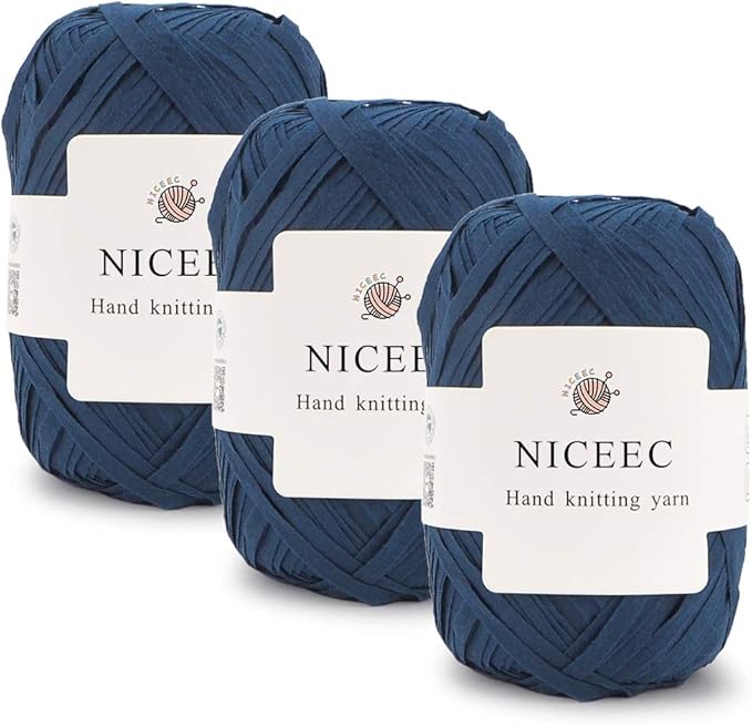 NICEEC 3 Skeins Kraft Paper Yarn Raffia Yarn Soft Craft Ribbon Yarn Polyester Yarn for Crocheting DIY Weaving-Total Length 145m×3(158yds×3, 50g×3)-Dark Blue
