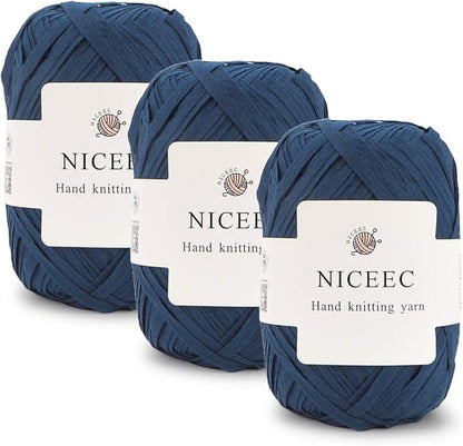 NICEEC 3 Skeins Kraft Paper Yarn Raffia Yarn Soft Craft Ribbon Yarn Polyester Yarn for Crocheting DIY Weaving-Total Length 145m×3(158yds×3, 50g×3)-Dark Blue