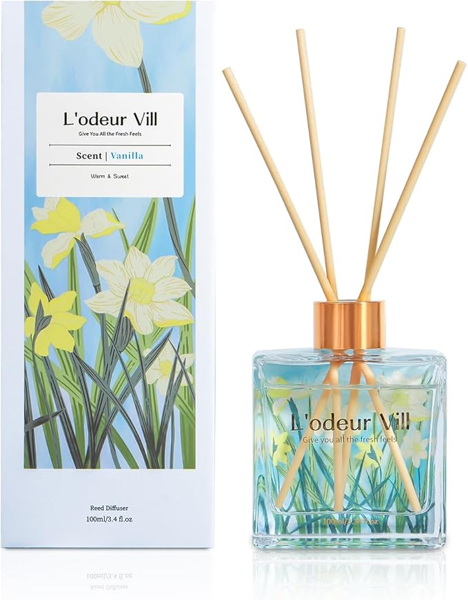L'odeur Vill Reed Diffuser Set/Vanilla/3.38 fl.oz（100ML）/1 Pack with 6 Reed Sticks/Home Fragrance Diffuser, Oil Scent Diffuser for Bathroom Shelf Decor.