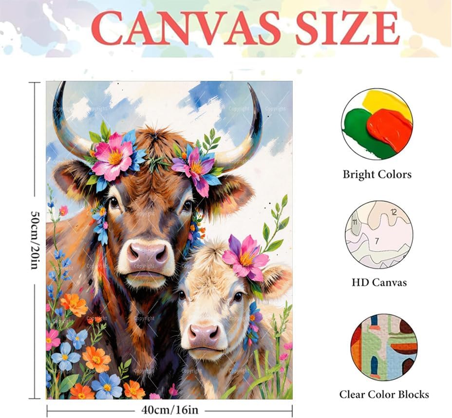 Sceorixa Cow Paint by Numbers Kit for Adults - DIY Floral Cow and Calf Painting on Canvas 16x20 Inches, Acrylic Paint Set, Suitable for Beginners, Art for Home Decoration or Gifts， Unframed - Image 2