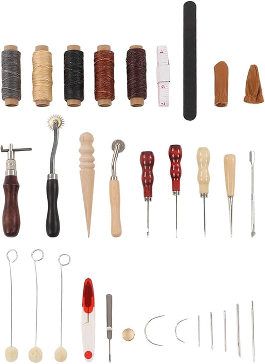 Leather Sewing Kit, Leather Working Tools, Premium DIY Leather Craft Set with Wax Threads Needle Finger Cots Sanding Stick, Stainless Steel Leather Tools for Beginners Professional