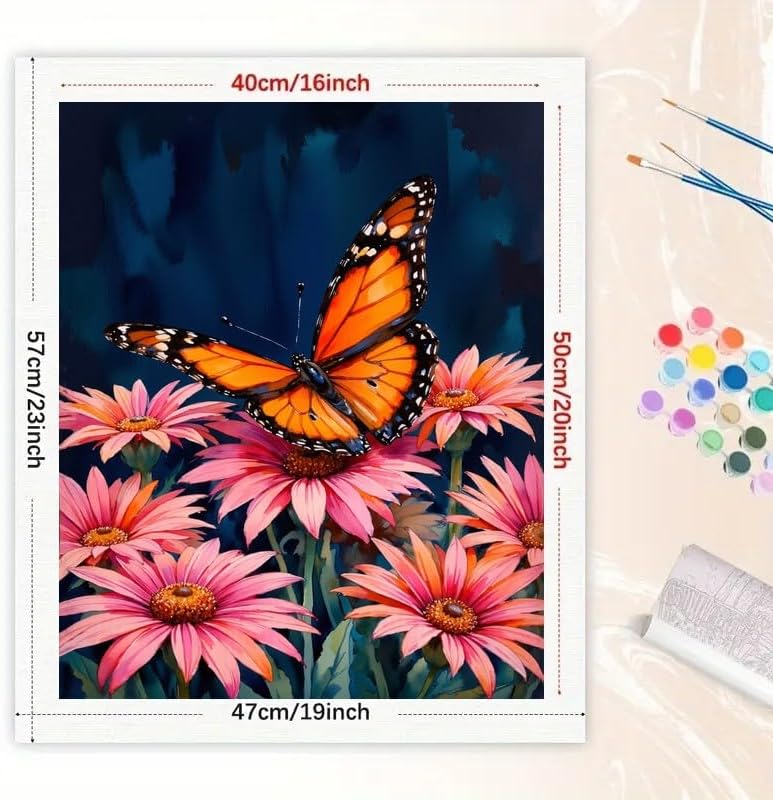 Butterfly Art Paint by Numbers Kit for Adults - DIY Monarch Butterfly on Pink Daisies Painting on Canvas 16x20 Inches, Acrylic Paint Set, Suitable for Beginners, Art for Home Decoration or Gifts - Image 2