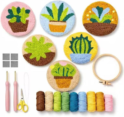 Punch Needle Coaster Kit for Adults Beginners, Easy Punch Embroidery Starter Set with Instructions – Fun Mug Rug Making Kit for Table Decor & Festival DIY Gifts (6pcs Succulent Plants) by PunchBloom