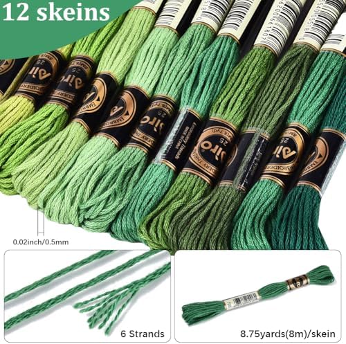 105 Yards 12 Skeins Gradient 6 Strands Dark Green Variegated Embroidery Floss Thread Cross Stitch Friendship Bracelet Polyester String Threads Assorted Bulk Set for Hand Sewing Making Supply - Image 2
