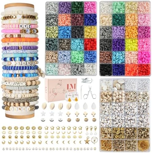 Lynnmos Clay Beads Bracelet Making Kit - 15000 Pcs, 6mm Heishi Disc Beads - DIY Jewelry Making Kit with 2 Boxes, Charms, and Gift Pack for Creative Designs and Crafting Fun by Lynnmos
