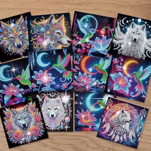 jinglinhh 12pcs Diamond Art Painting Hummingbird Dreamcatcher Wolf Greeting Cards with Envelopes, DIY Card Making Kits for Adults, Diamond Art Christmas Cards for Birthday Holiday Gifts - Image 6