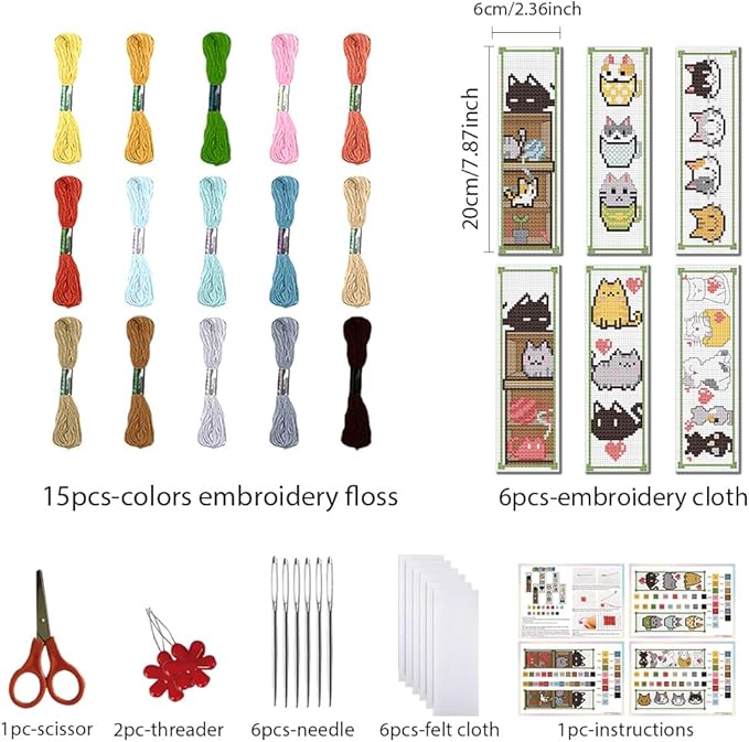 FREEBLOSS 6 Set Cross Stitch Bookmark Kit Counted Cross Stitch Kit Embroidery Bookmarks with Instruction Cartoon Cat Embroidery Kit for Beginners Adults 8''x2.4''