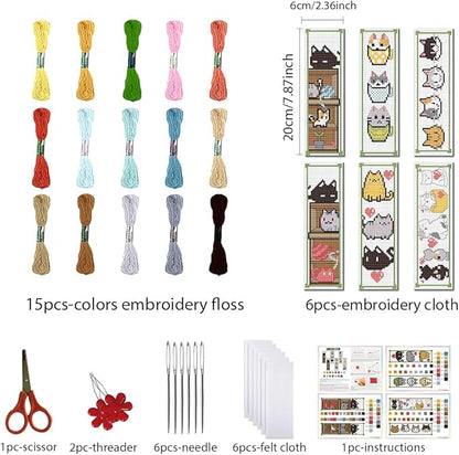 FREEBLOSS 6 Set Cross Stitch Bookmark Kit Counted Cross Stitch Kit Embroidery Bookmarks with Instruction Cartoon Cat Embroidery Kit for Beginners Adults 8''x2.4''