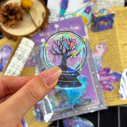 50PCS Holographic Witchcraft Stickers for Scrapbooking – Magic Astrology Clear Witchy Stickers with Iridescent Effect – Aesthetic Moon Crystal Spell Book Cat Decals