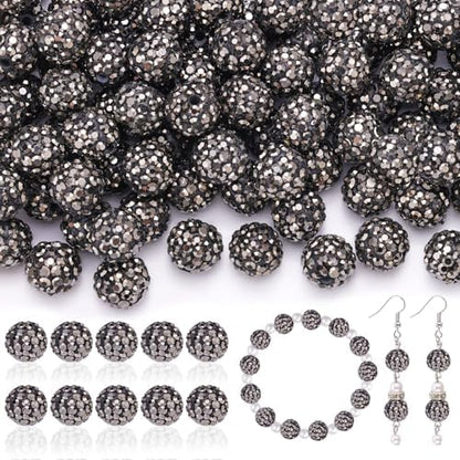 160pcs 10mm Rhinestone Beads for Jewelry Making, Hematite Shiny Round Disco Ball Beads Bulk, Sparkle Crystal Clay Christmas for Bracelet Baseball Necklace Earring Crafting and DIY by TINKRSTUFF