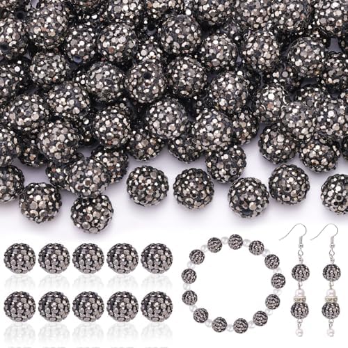 105pcs 10mm Rhinestone Beads for Jewelry Making, Hematite Shiny Round Disco Ball Beads Bulk, Sparkle Crystal Clay Christmas for Bracelet Baseball Necklace Earring Crafting and DIY by TINKRSTUFF