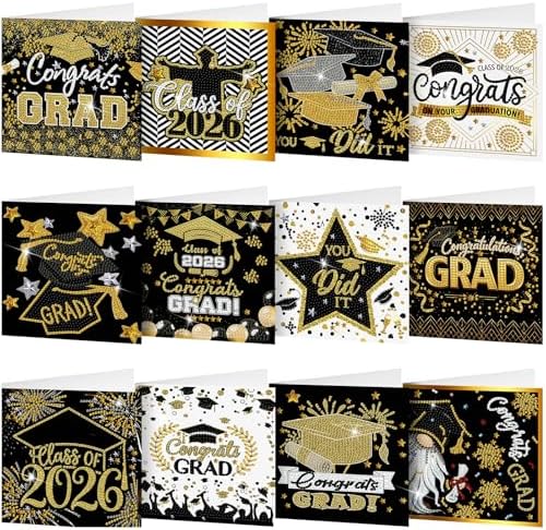 Saillong 12 Pack 2026 Graduation Diamond Painting Greeting Card Kits Class of 2026 Grad Diamond Art Cards with Envelope 5D Rhinestones Painting Making Kit for Adult DIY Craft High School Graduate Gift by Saillong