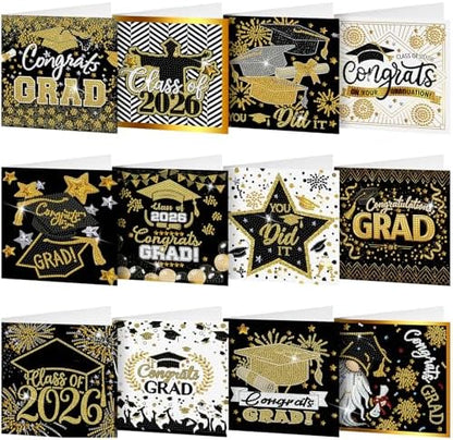 Saillong 12 Pack 2026 Graduation Diamond Painting Greeting Card Kits Class of 2026 Grad Diamond Art Cards with Envelope 5D Rhinestones Painting Making Kit for Adult DIY Craft High School Graduate Gift by Saillong