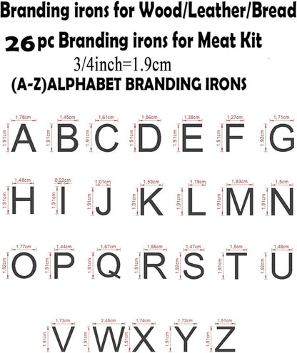 AIMOADO 26 Pcs 3/4" Letter Branding Iron for Wood, Hats, Leather, Alphabet Branding Iron for BBQ Steak Bread & Personalized Gifts, with Wooden Box and 2 Handles (3/4" Alphabet A-Z)