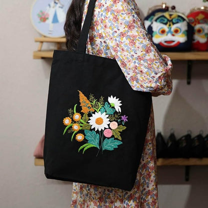 KABAKE Canvas Tote Bag Embroidery Kit, Embroidery Kits for Beginners, Arts and DIY Crafts Embroidery Starter kit, Include Stamped Embroidery Bag, Threads, Embroidery Tools (Black Bag with Floral)