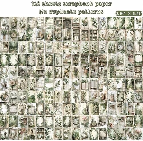 160 Sheets Vintage Flower Scrapbook Paper Green Collage Flowers No Repeating Patterns Perfect for Junk Journal DIY Cards Craft Albums Scrapbooking Supplies (Green, 3.9 x 5.5 inches) - Image 2