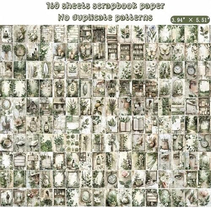 160 Sheets Vintage Flower Scrapbook Paper Green Collage Flowers No Repeating Patterns Perfect for Junk Journal DIY Cards Craft Albums Scrapbooking Supplies (Green, 3.9 x 5.5 inches) - Image 2