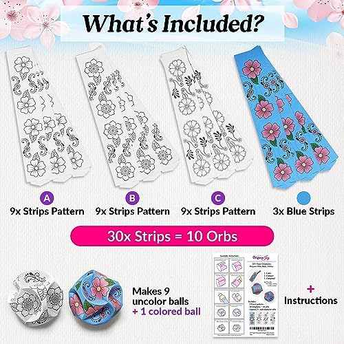 10 DIY Origami Balls, Paper Ornaments, Orbs. No Tools Needed, Just Color-Connect-Complete. Kids + Adult Coloring Craft, Stimulates Creativity, Releases Stress. Fun Family Activity (Flower Patterns) - Image 3
