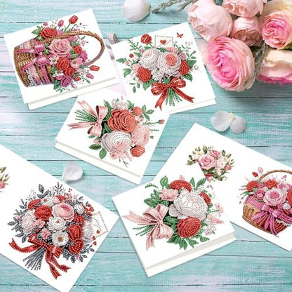 Tontut 6pcs Diamond Painting Kit Greeting Card, Rose Bouquet 5D DIY Diamond Handmade Holiday Greeting Card with Envelope, Christmas Gift Congratulation - Image 5