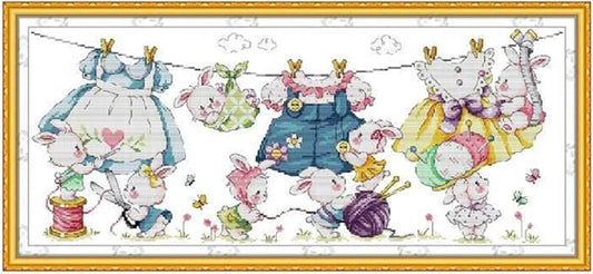 Qeerysew Cross Stitch Kit Stamped Full Range of Embroidery Starter Kits for Beginners DIY- Printed kit Sewing Rabbit Sunbathing(Printed) 11CT30.3×14.2 inches