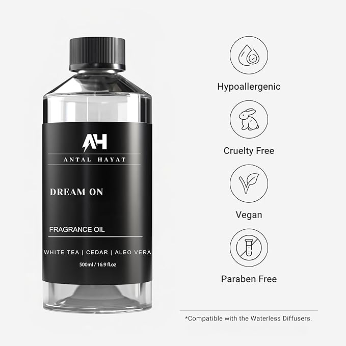 Antal Hayat Dream on Essential Oil Scent 500mL - Luxury Home Aromatherapy Diffuser Oil - Formulated with Hints of Bright White Tea, Sweet Vanilla, & Earthy Cedar - Inspired by One Hotel Miami Beach