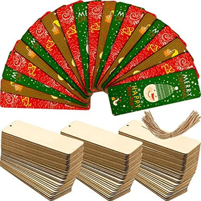 Zonon 100 Pieces Large Size Wood Blank Bookmarks DIY Wooden Craft Unfinished Hanging Tags Rectangle Blank Bookmark Ornaments with Holes and Ropes for Wedding Graduation Party Decor by Zonon