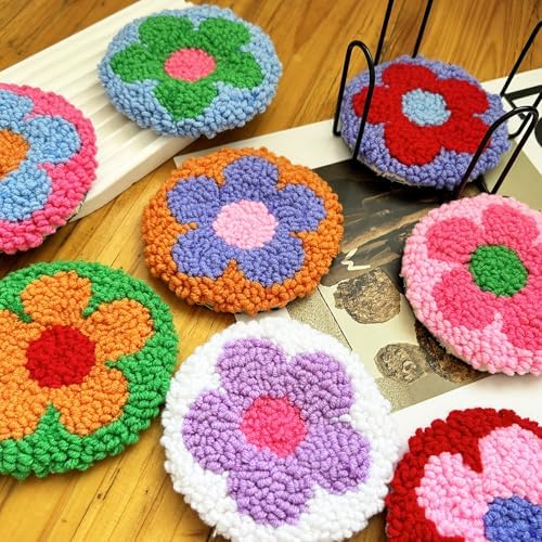 SEREDH Punch Needle Kit for Beginners Adults Easy Needle Punch Embroidery Set Including Threader Instruction Fabric Hoop Yarn Coaster DIY Making Kit Supplies,Set of 8 Flower Art Crafts Gifts - Image 6
