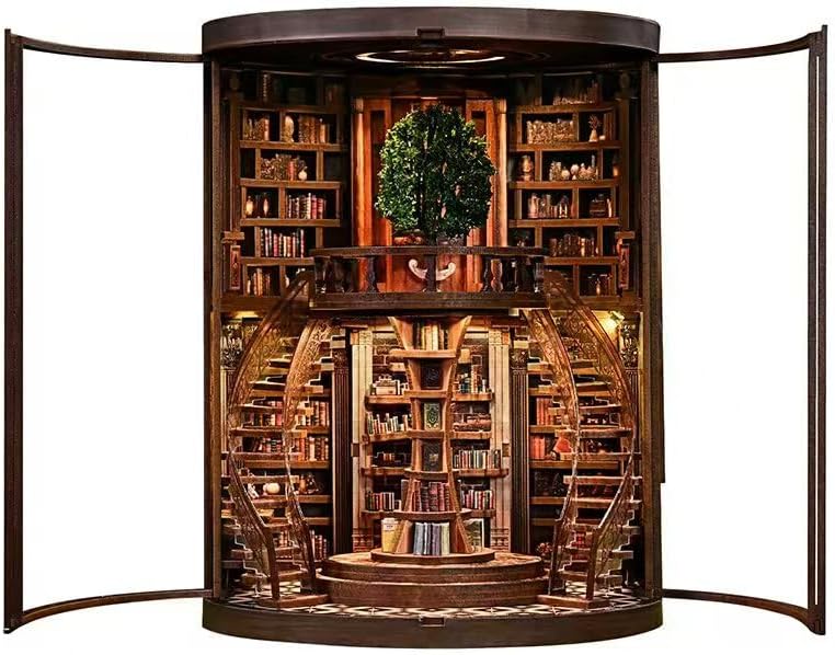 Cylinder 2-Story Book Nook Kit with Spiral Staircase, Open-Front Miniature Library, Wooden DIY Bookshelf Insert for Creative Adults & Home Décor by Unknown