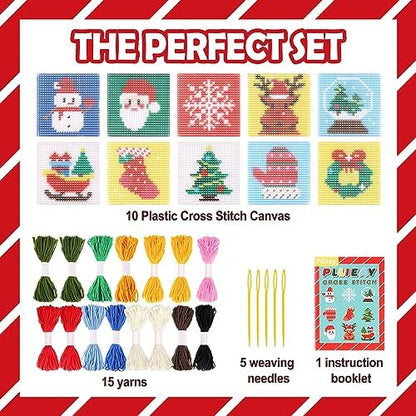 Pllieay Christmas 10-in-1 Cross Stitch Beginner Kit for Kids, Includes Instruction of 10 Different Patterns, 10 Printed Plastic canvases for Needlework, Needlepoint Starter Sewing Set - Image 2