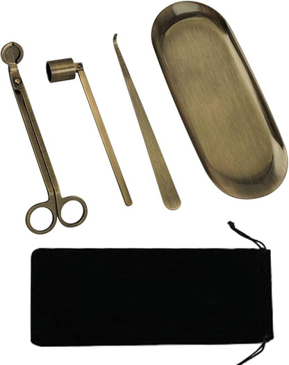 MrMrKura 4 in 1 Candle Accessory Set, Candle Snuffer, Candle Wick Cutter, Candle Dipper, Storage Tray Plate, Candle Care Kit with Velvet Pouch for Candle Lover (Bronze)