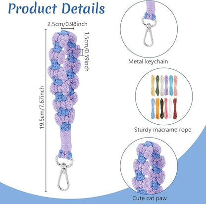 FREEBLOSS 6 Set Macrame Bow Wristlet Kit Boho Keychains DIY Macrame Kit with 60m Cotton Cord Beginners Bow Wrist Lanyard Keychain Bracelet for Charm