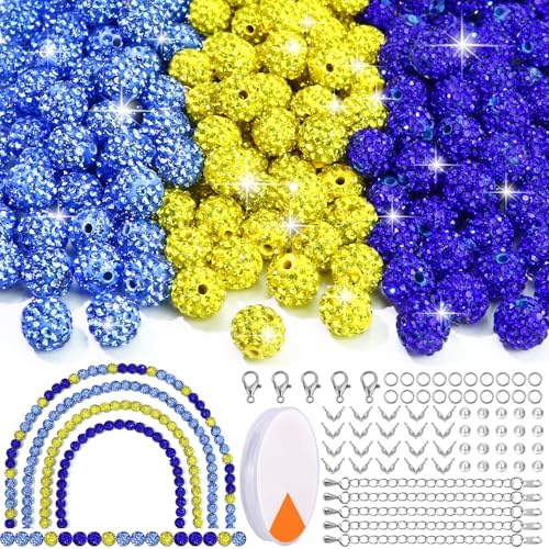 Dowarm 255PCS 10mm Rhinestone Beads for Baseball Rhinestone Necklace Bracelet Jewelry Making, Round Polymer Clay Beads for Crafts Beaded Pen, DIY Shamballa Pave Disco Bead, Ice Blue|Blue|Yellow by Dowarm