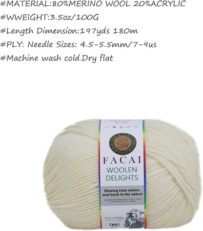 Facai Blend Merino Wool Yarn for Knitting - Worsted Weight,197yds (3.5oz) Ball, Ideal for Sweaters, Scarves, and Accessories (3, Milky White)