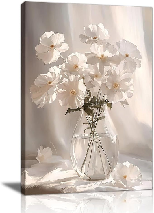 Floral Framed Canvas Wall Art for Bedroom, Blooming White Flowers in Sun Canvas Wall Painting Modern Floral Canvas Prints Picture Wall Decor for Living Room Kitchen Bathrooms Home Decor 16x24 inch